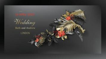 Tropical black and gold leaves on dark background vector