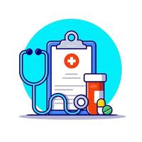Clipboard, Stethoscope, Jar And Pills Cartoon Vector Icon Illustration. Healthcare Medicine Icon Concept Isolated Premium Vector. Flat Cartoon Style