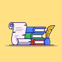 Book, Paper With Feather Pen And Ink Cartoon Vector Icon Illustration. Education Object Icon Concept Isolated Premium Vector. Flat Cartoon Style