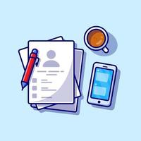 Paper With Coffee, Phone, And Pen Cartoon Vector Icon Illustration. Business Object Icon Concept Isolated Premium Vector. Flat Cartoon Style