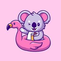 Lindo verano de koala con neumáticos de flamingo e ilustración de icono de vector de dibujos animados de jugo de naranja. concepto de icono de comida animal vector premium aislado. estilo de dibujos animados plana