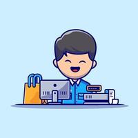 Male Cashier Cartoon Vector Icon Illustration. People Profession Icon Concept Isolated Premium Vector. Flat Cartoon Style