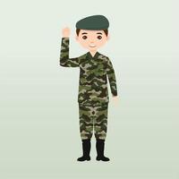 soldados del ejército, hombres con uniforme de combate saludando. lindo estilo de dibujos animados planos. soldado vigila en guardia. guardabosques en la frontera. unidad de equipo de comandos. tripulación de fuerzas especiales. vector de caracteres del ejército o soldado.