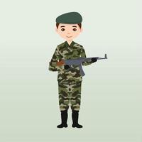 Army soldiers, men in combat uniform saluting. Cute flat cartoon style. Soldier keeps watch on guard. Rangers on border. Commandos team unit. Special force crew. Army or soldier character vector. vector