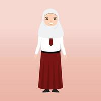 Elementary School Hijab Girl Student Wearing Red and White Uniform. Cartoon Vector Illustration. Portrait of an elementary school student. School students children with backpacks, books, macbook.