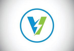 Initial V letter logo design with lighting thunder bolt. Electric bolt letter logo vector