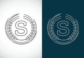 Initial letter S with wheat wreath. Organic wheat farming logo design concept. Agriculture logo. vector