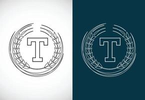 Initial letter T with wheat wreath. Organic wheat farming logo design concept. Agriculture logo. vector