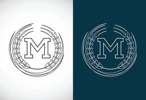 Initial letter M with wheat wreath. Organic wheat farming logo design concept. Agriculture logo. vector