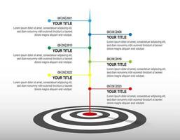 golpe de línea de color a la diana en blanco y negro con infografía. línea de tiempo objetivo. gráfico de datos de éxito empresarial, objetivo de inversión, desafío de marketing, presentación de estrategia, diagrama de logros. modelo. vector