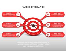 Tablero de dardos rojo 3d con etiqueta infográfica. número de paso de destino. gráfico de datos comerciales, objetivo de inversión, desafío de marketing, presentación de estrategia, diagrama de logros. plantilla de vector de información.