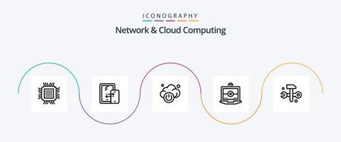 paquete de iconos de línea 5 de red y computación en la nube que incluye martillo. informática. tecnología. cruzar. ordenador portátil vector