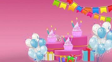pastel de cumpleaños con velas de colores ardientes sobre fondo azul pastel. súper regalo con área de copiar y pegar video