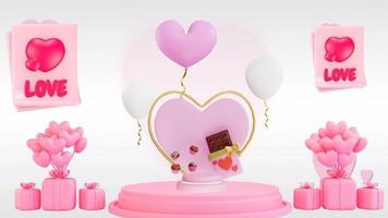 fondo del concepto del día de san valentín, forma de corazón de globo con caja de regalo y barra de chocolate rosa video