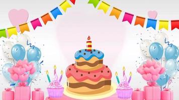 joyeux anniversaire avec des bougies de gâteau et des ballons cadeaux d'amour avec des cartes de voeux de coupe romantique avec animation video