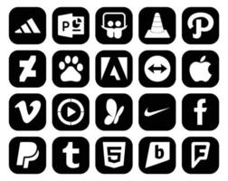 Paquete de 20 íconos de redes sociales que incluye Nike Video Baidu Windows Media Player Vimeo vector