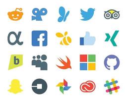 paquete de 20 íconos de redes sociales que incluye snapchat microsoft facebook swift brightkite vector