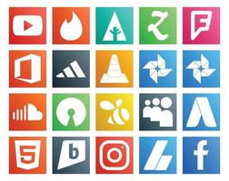 Paquete de 20 íconos de redes sociales que incluye myspace open source vlc music soundcloud vector