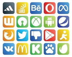 Paquete de 20 iconos de redes sociales que incluye navegador de tweets facebook firefox android vector