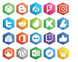 Paquete de 20 íconos de redes sociales que incluye la bandeja de entrada de Grooveshark Twitch Envato TeamViewer vector