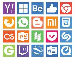 Paquete de 20 íconos de redes sociales que incluye groupon pocket whatsapp houzz lastfm vector