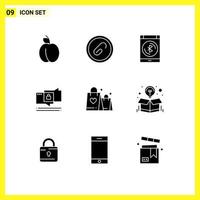 9 User Interface Solid Glyph Pack of modern Signs and Symbols of love secure bluetooth security chat Editable Vector Design Elements