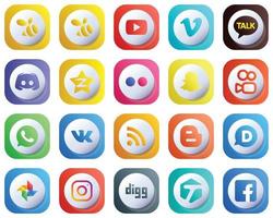 20 Cute 3D Gradient Icons of Major Social Media Platforms such as whatsapp. snapchat. text and yahoo icons. Fully Customizable and Minimalist vector