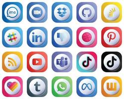 Cute 3D Gradient Icons for Popular Social Media 20 pack such as dislike. linkedin. dropbox. spotify and stock icons. Modern and High-Quality vector