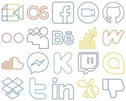 20 Clean and modern Colourful Outline Social Media Icons such as question. behance. video. myspace and flickr Fully customizable and high-quality vector