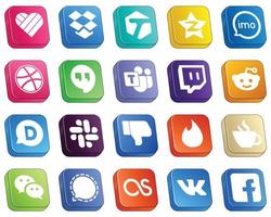 20 High Resolution Isometric 3D Social Media Icons such as slack. reddit. video. twitch and microsoft team icons. Creative and professional vector