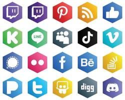 25 Fresh White Icons such as signal. vimeo. line and video icons. Hexagon Flat Color Backgrounds vector