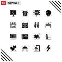 Modern Set of 16 Solid Glyphs and symbols such as building ball database skull head Editable Vector Design Elements