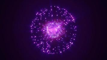 Abstract round purple sphere glowing energy magic molecule with atoms from particles and dots cosmic. Abstract background. Video 4k, motion design