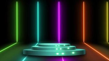 realistische 3d-bühne und lichteffekte, die sich auf dem hintergrund bewegen. Spotlight-Animation mit Bühnen- und Neoneffekten. Neonlicht und Bühne mit Spotlichteffekten. konzertbühnenhintergrund mit lichteffekt. video