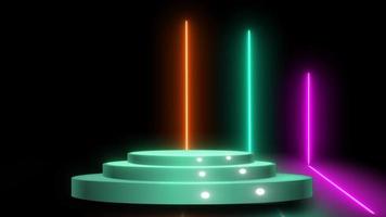 realistische 3d-bühne und lichteffekte, die sich auf dem hintergrund bewegen. Spotlight-Animation mit Bühnen- und Neoneffekten. Neonlicht und Bühne mit Spotlichteffekten. konzertbühnenhintergrund mit lichteffekt. video