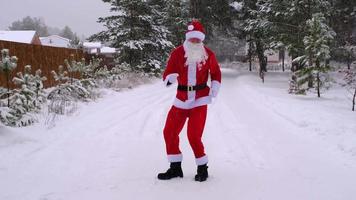 santa claus är har roligt och rolig dans, visar akrobatisk knep, element av stridande och rolig Hoppar utomhus- i vinter- på en snöig väg med tall träd. fira jul och ny år. video