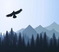 Eagle over woods and mountains. A vector illustration