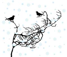 Two birdies sit on a branch in the winter. A vector illustration