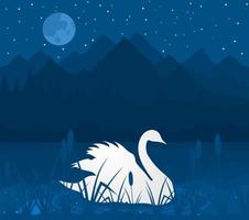 White swan on lake in mountains. A vector illustration