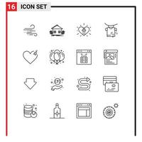 Modern Set of 16 Outlines Pictograph of heart drying farming clothes christian Editable Vector Design Elements