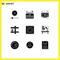 Modern Set of 9 Solid Glyphs Pictograph of gadgets pin sound navigation time Editable Vector Design Elements