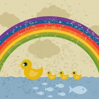 The duck and ducklings float on water. A vector illustration