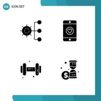 4 Thematic Vector Solid Glyphs and Editable Symbols of company dum management love investment Editable Vector Design Elements