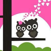 Two owls have fallen in love and sit on a tree. A vector illustration