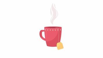 Animated red mug with tea bag. Drinking hot beverage. Brewing tea. Flat object on white background with alpha channel transparency. Colorful cartoon style 4K video footage of item for animation