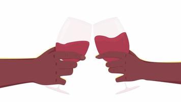 Animated clinking red wine glasses. Cheers at wedding. Flat first view hands on white background with alpha channel transparency. Colorful cartoon style 4K video footage of closeup arms for animation