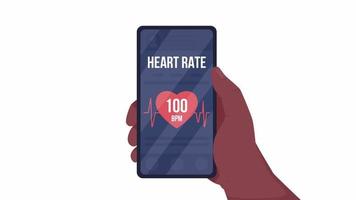 Animated track heart rate with phone. Check pulse on smartphone. Flat first view hand on white background with alpha channel transparency. Colorful cartoon style 4K video footage of arm for animation