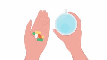 Animated giving pills and water. Helping take medicine. Flat first view hands on white background with alpha channel transparency. Colorful cartoon style 4K video footage of closeup arms for animation