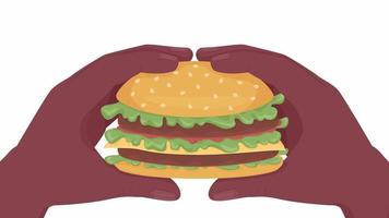 Animated holding cheeseburger. Squeezing juicy burger. Flat first view hands on white background with alpha channel transparency. Colorful cartoon style 4K video footage of closeup arms for animation