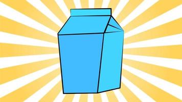 Blue carton package of milk or juice on yellow abstract sunburst background. Video 4k, motion design